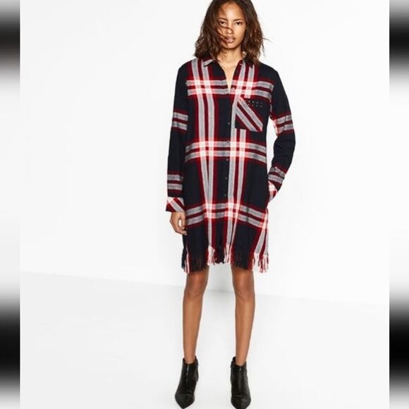 Zara Basics Button-down Plaid Fringed Shirt Dress Size S - Picture 1 of 10